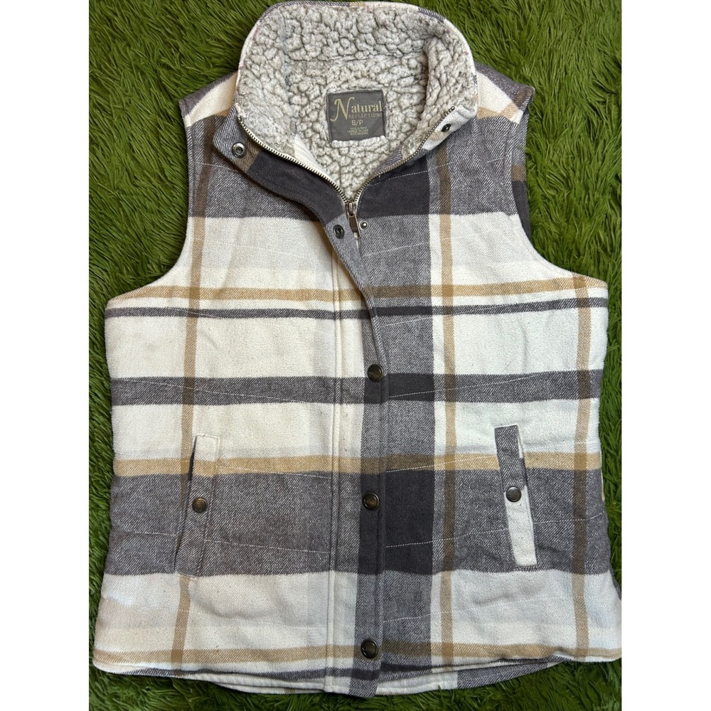 Natural Reflections Snap/Zip Vest Women Small Gray Plaid Sherpa Lined Wool Blend